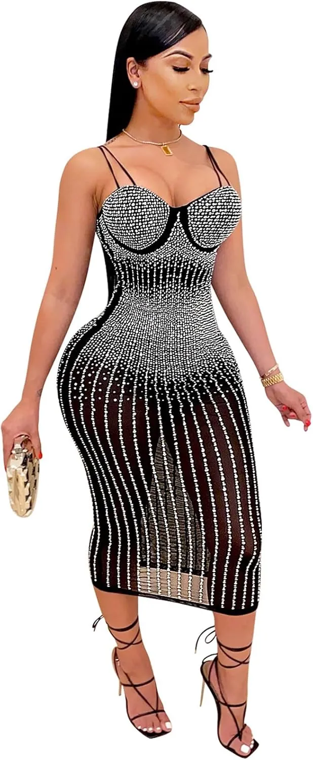 PURFUN Women Sexy See-Through Bodycon Dress with Rhinestones, Chic Spaghetti Strap Sleeveless Evening Dress Night Clubwear