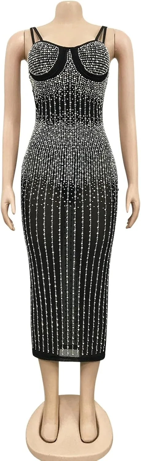 PURFUN Women Sexy See-Through Bodycon Dress with Rhinestones, Chic Spaghetti Strap Sleeveless Evening Dress Night Clubwear