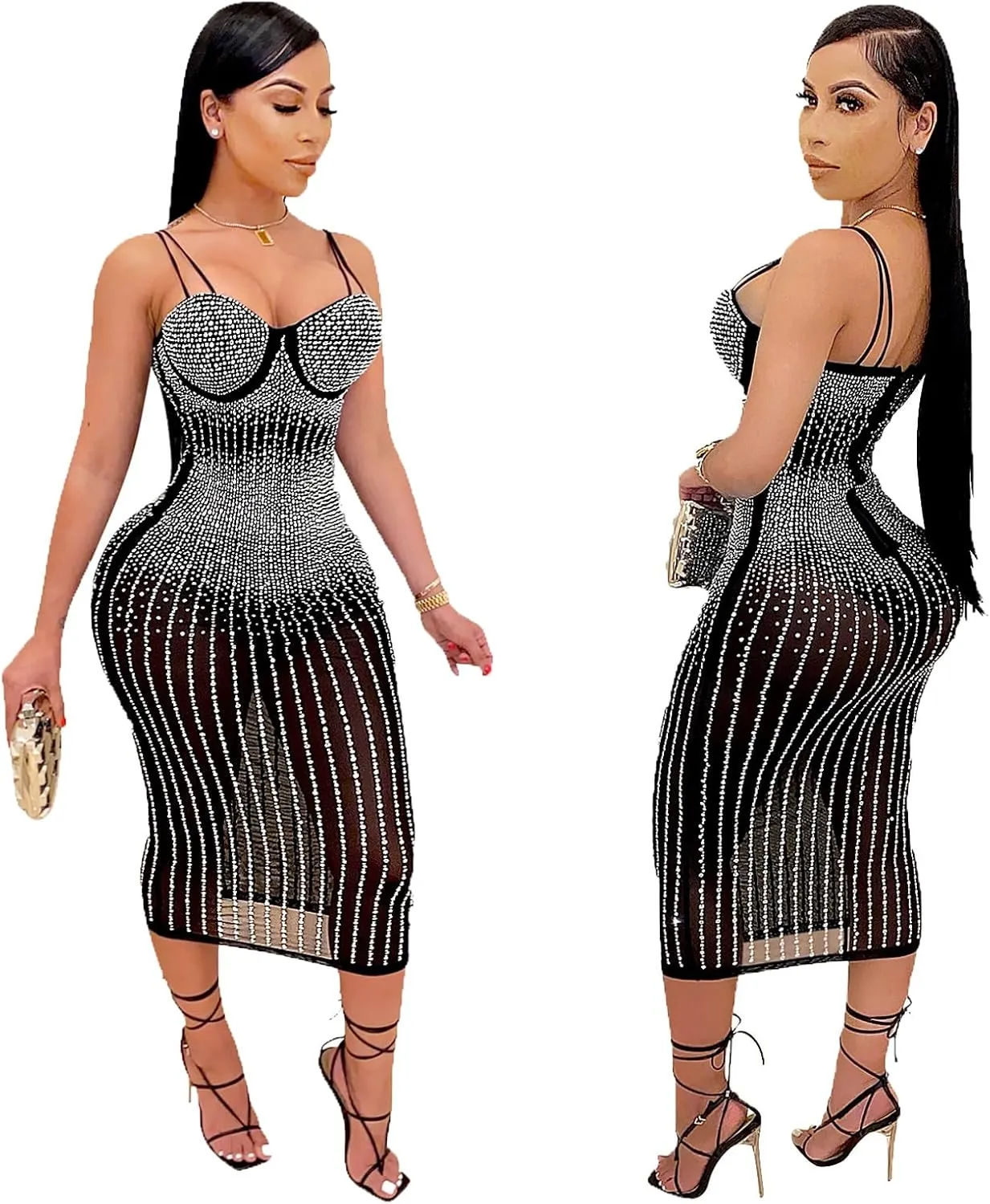PURFUN Women Sexy See-Through Bodycon Dress with Rhinestones, Chic Spaghetti Strap Sleeveless Evening Dress Night Clubwear