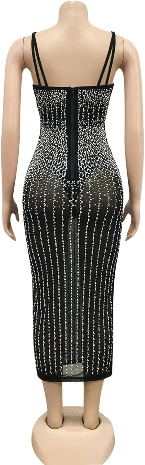PURFUN Women Sexy See-Through Bodycon Dress with Rhinestones, Chic Spaghetti Strap Sleeveless Evening Dress Night Clubwear