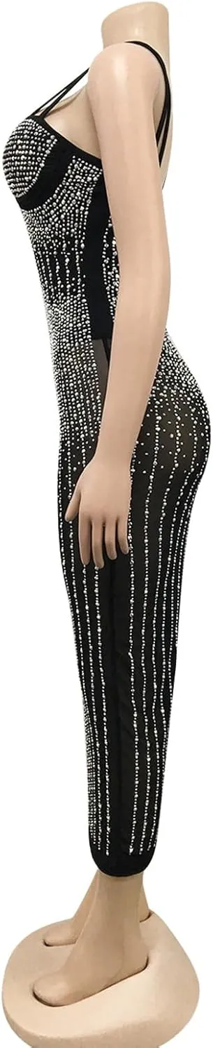 PURFUN Women Sexy See-Through Bodycon Dress with Rhinestones, Chic Spaghetti Strap Sleeveless Evening Dress Night Clubwear