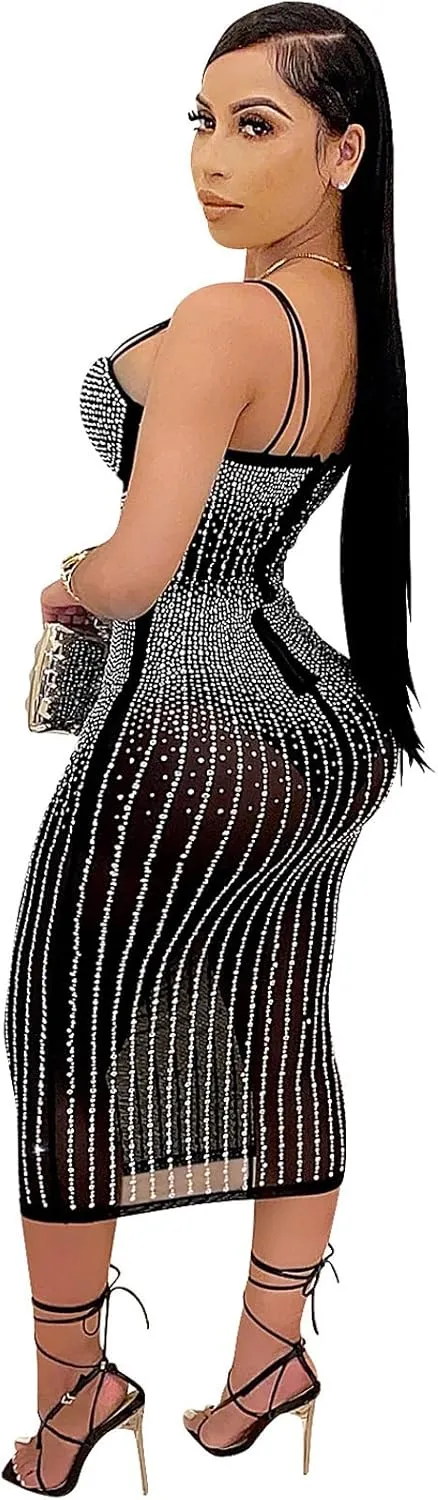 PURFUN Women Sexy See-Through Bodycon Dress with Rhinestones, Chic Spaghetti Strap Sleeveless Evening Dress Night Clubwear