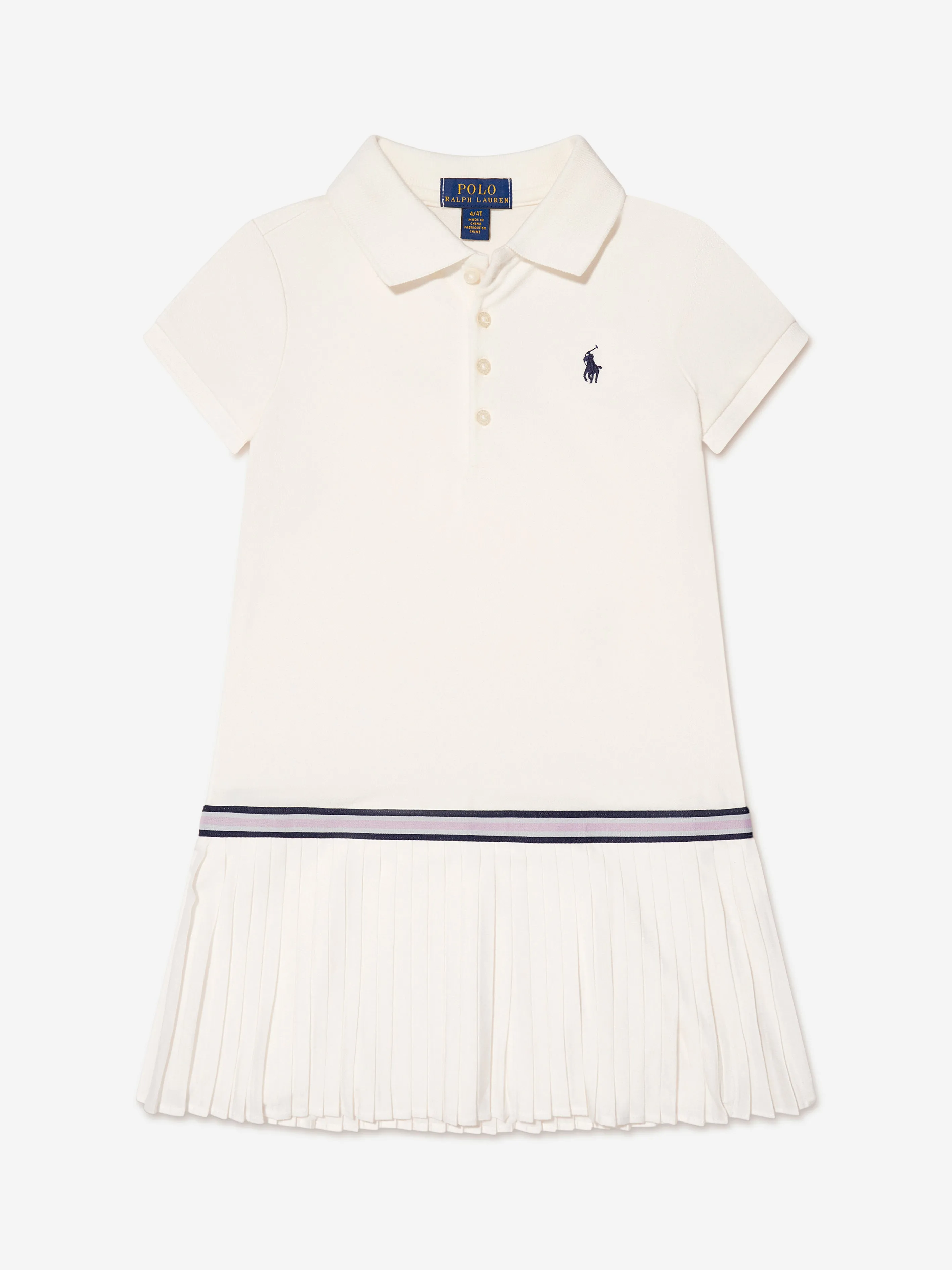 Ralph Lauren Girls Pleated Logo Dress in Ivory