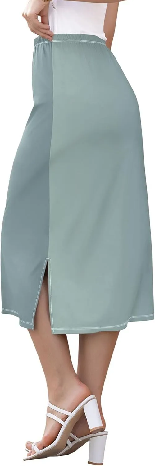 Rosy Brown Long Skirt with Slit Women Floral Mid Calf Skirt Elastic Waist Boho Skirts