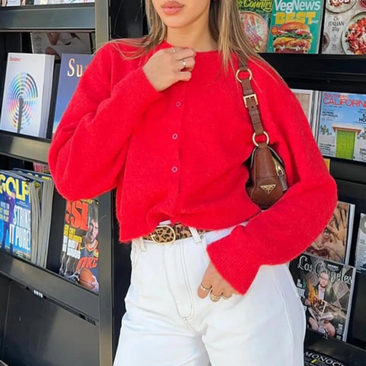 RUEWEY Women Y2k Crew Neck Button Down Long Sleeve Cropped Cardigan Knitted Sweater Light Jacket