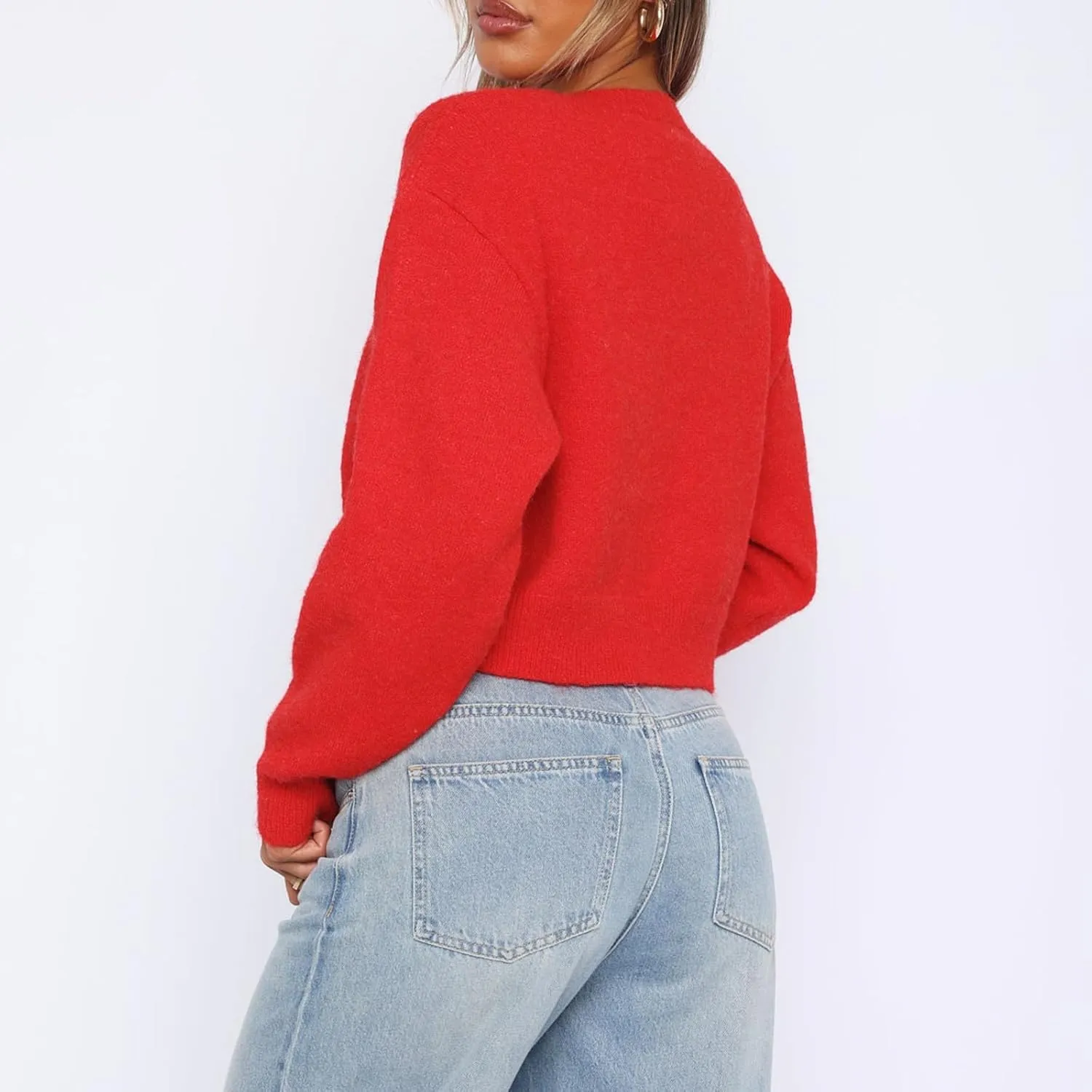 RUEWEY Women Y2k Crew Neck Button Down Long Sleeve Cropped Cardigan Knitted Sweater Light Jacket