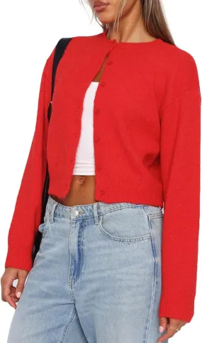 RUEWEY Women Y2k Crew Neck Button Down Long Sleeve Cropped Cardigan Knitted Sweater Light Jacket
