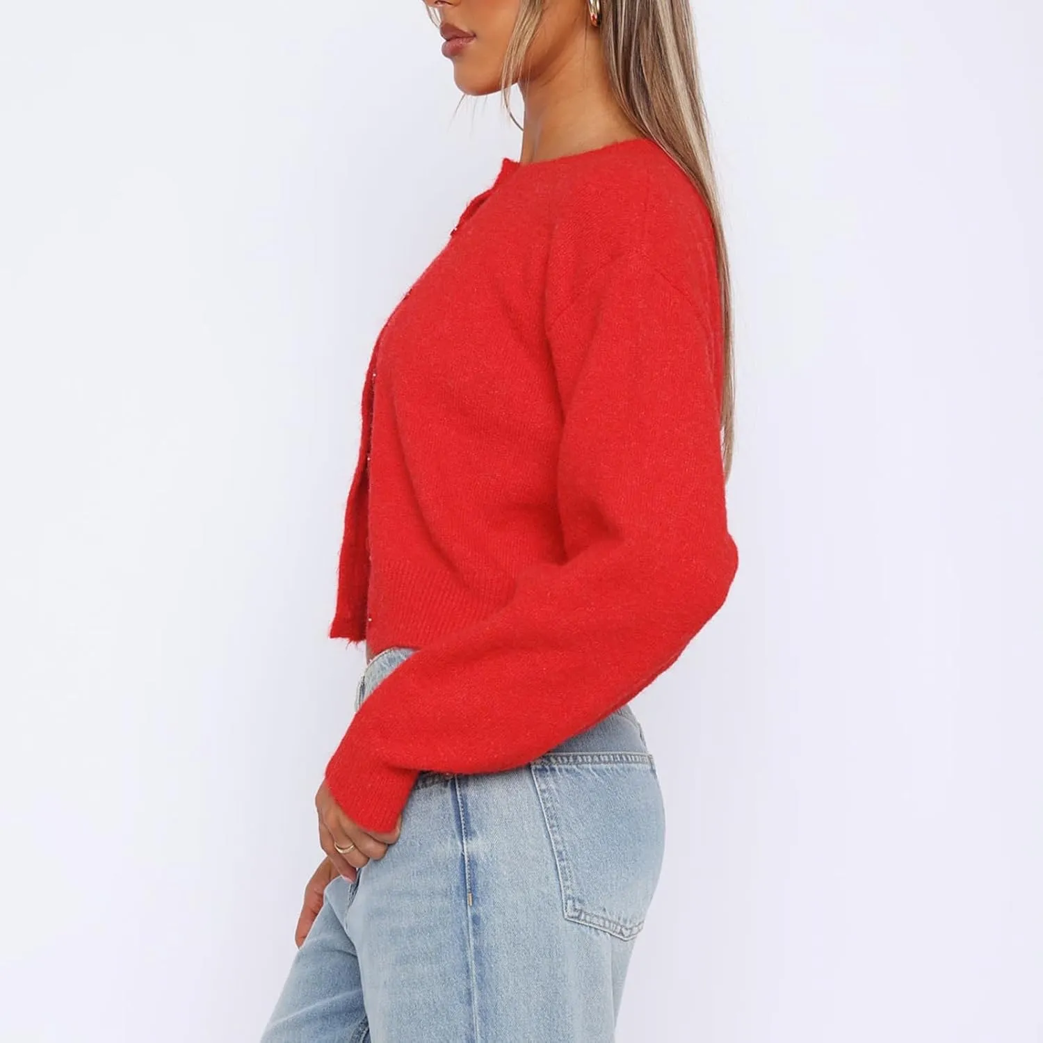 RUEWEY Women Y2k Crew Neck Button Down Long Sleeve Cropped Cardigan Knitted Sweater Light Jacket
