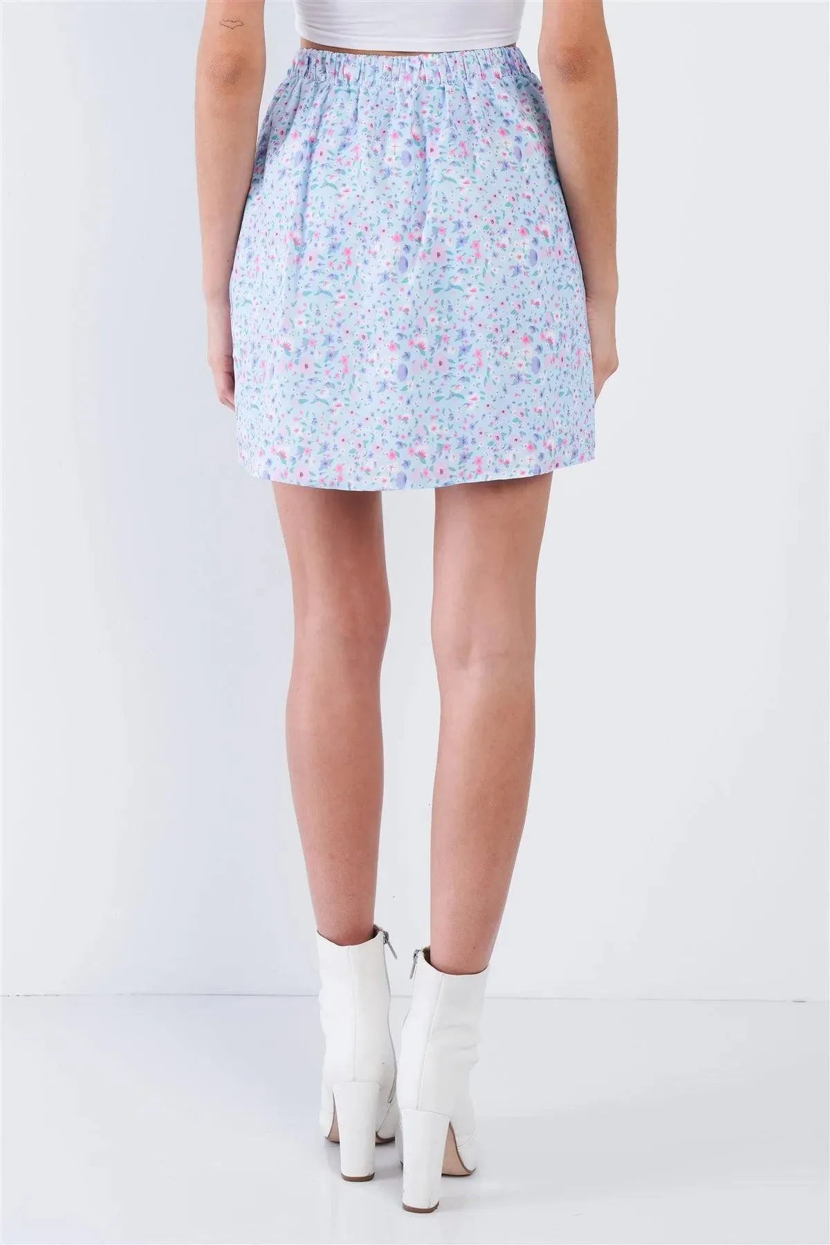 Sky Blue Floral Print Mid Rise Mini Floral Skirt   /3-2-1