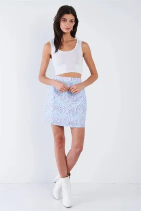 Sky Blue Floral Print Mid Rise Mini Floral Skirt   /3-2-1