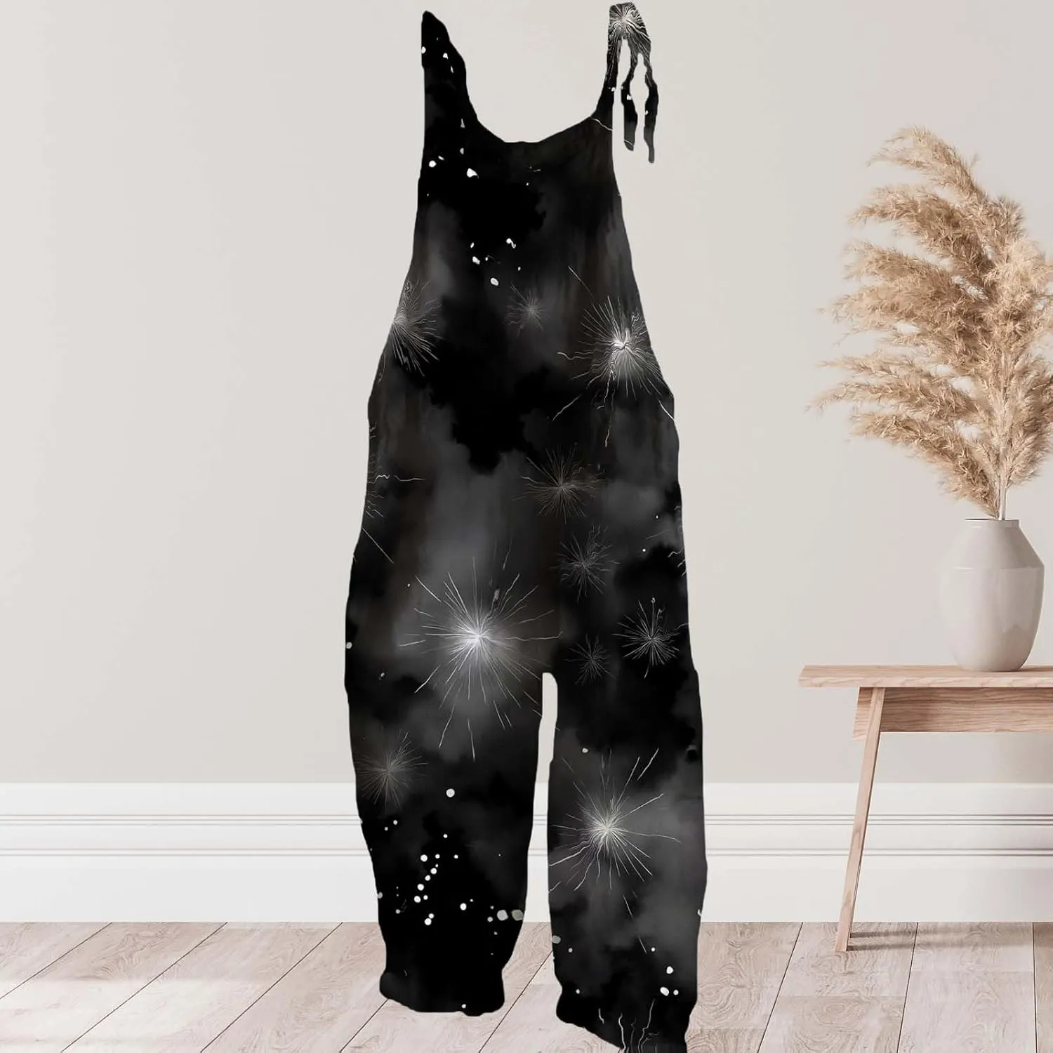 Star Printed Jumpsuits For Womens Summer Boho Cotton Linen Wide Leg Overall Halter Baggy Comfy Beach Jumpsuits