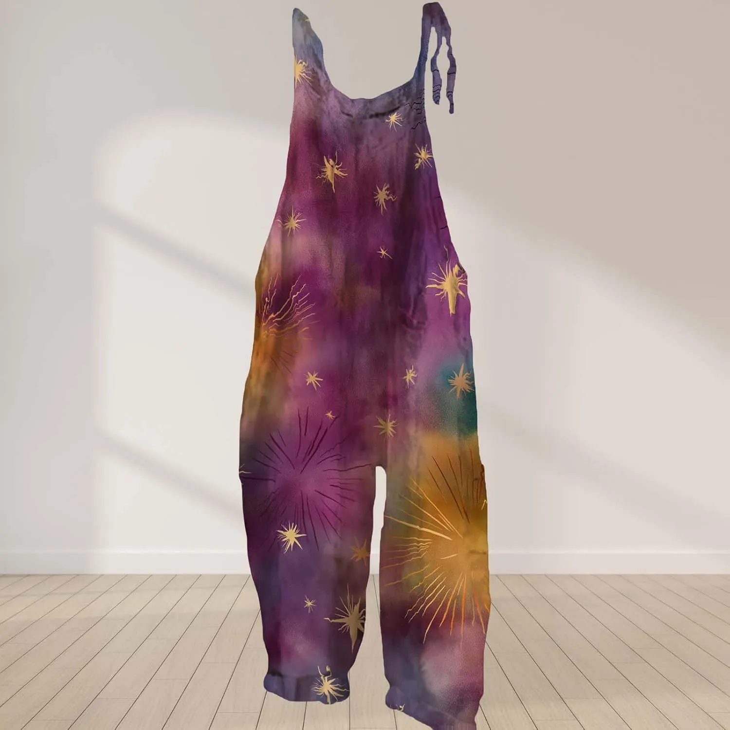 Star Printed Jumpsuits For Womens Summer Boho Cotton Linen Wide Leg Overall Halter Baggy Comfy Beach Jumpsuits