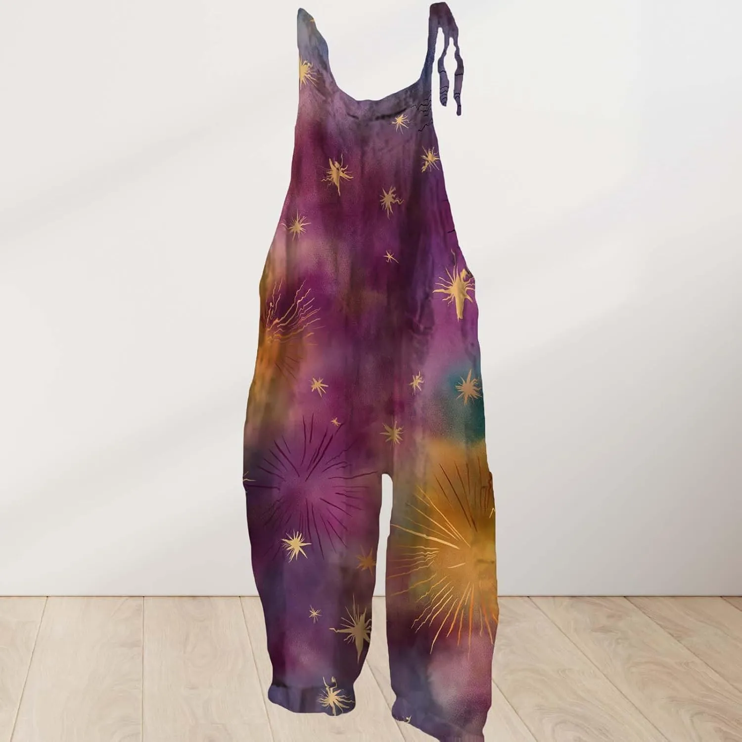 Star Printed Jumpsuits For Womens Summer Boho Cotton Linen Wide Leg Overall Halter Baggy Comfy Beach Jumpsuits