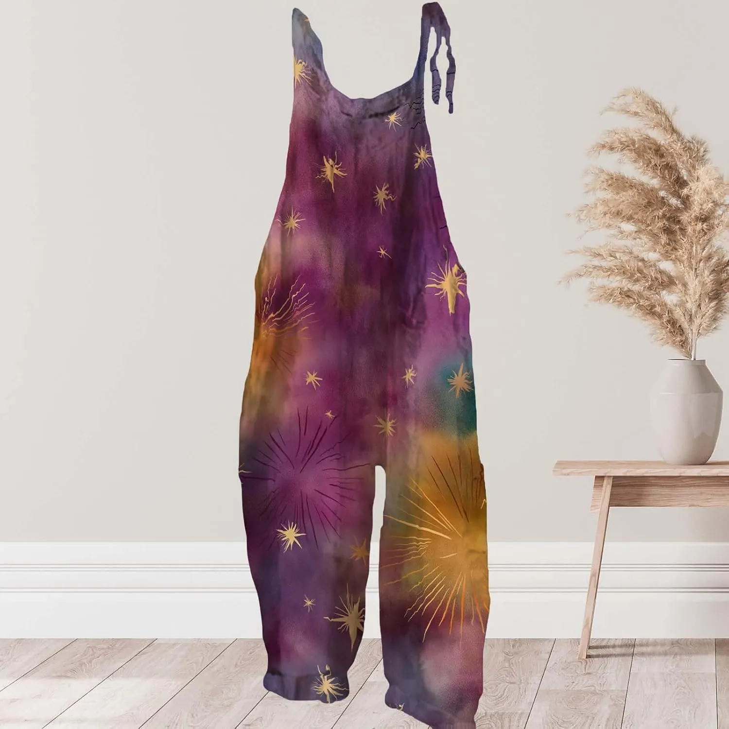 Star Printed Jumpsuits For Womens Summer Boho Cotton Linen Wide Leg Overall Halter Baggy Comfy Beach Jumpsuits