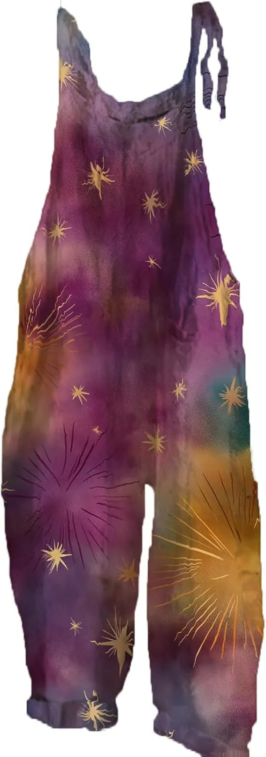 Star Printed Jumpsuits For Womens Summer Boho Cotton Linen Wide Leg Overall Halter Baggy Comfy Beach Jumpsuits