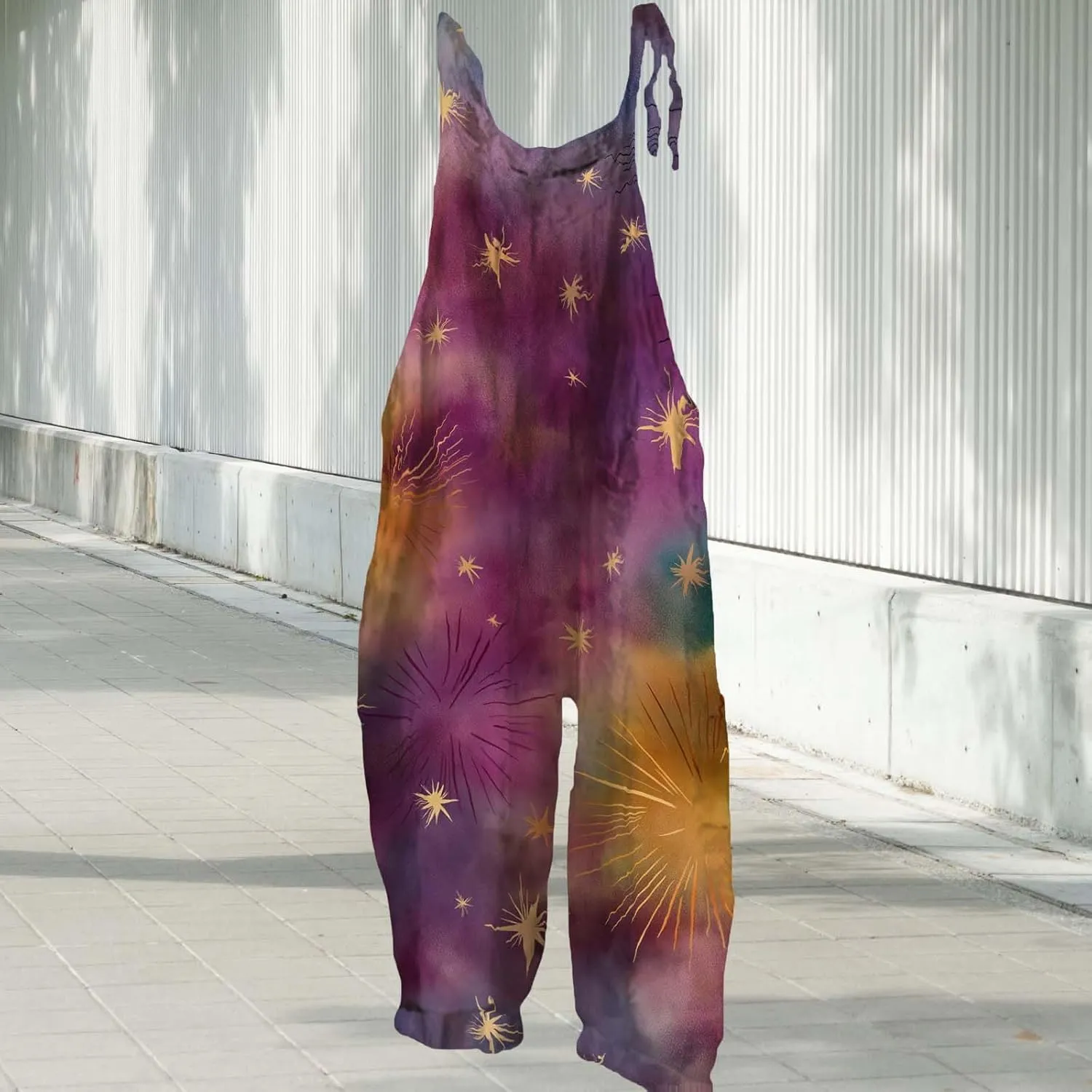 Star Printed Jumpsuits For Womens Summer Boho Cotton Linen Wide Leg Overall Halter Baggy Comfy Beach Jumpsuits