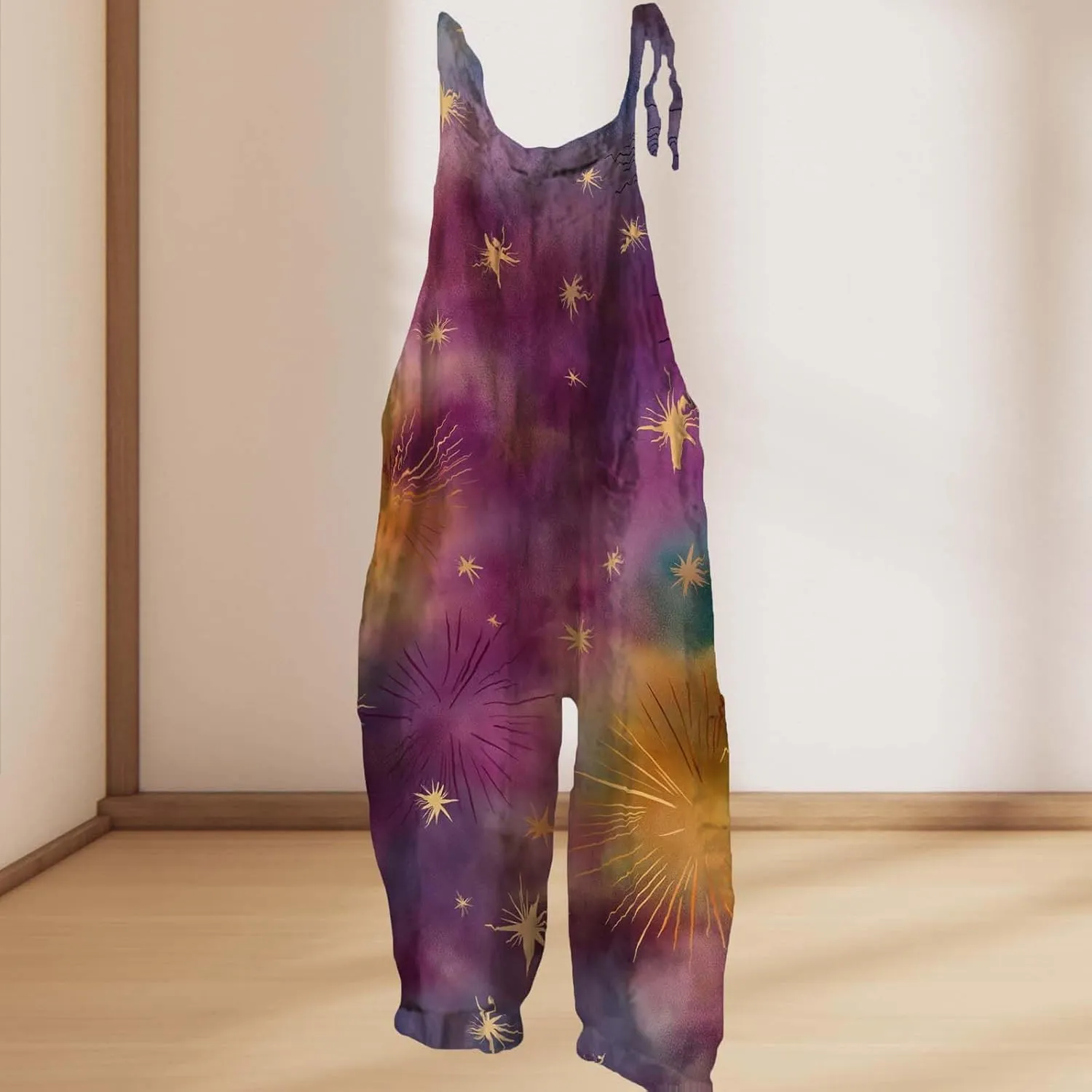 Star Printed Jumpsuits For Womens Summer Boho Cotton Linen Wide Leg Overall Halter Baggy Comfy Beach Jumpsuits
