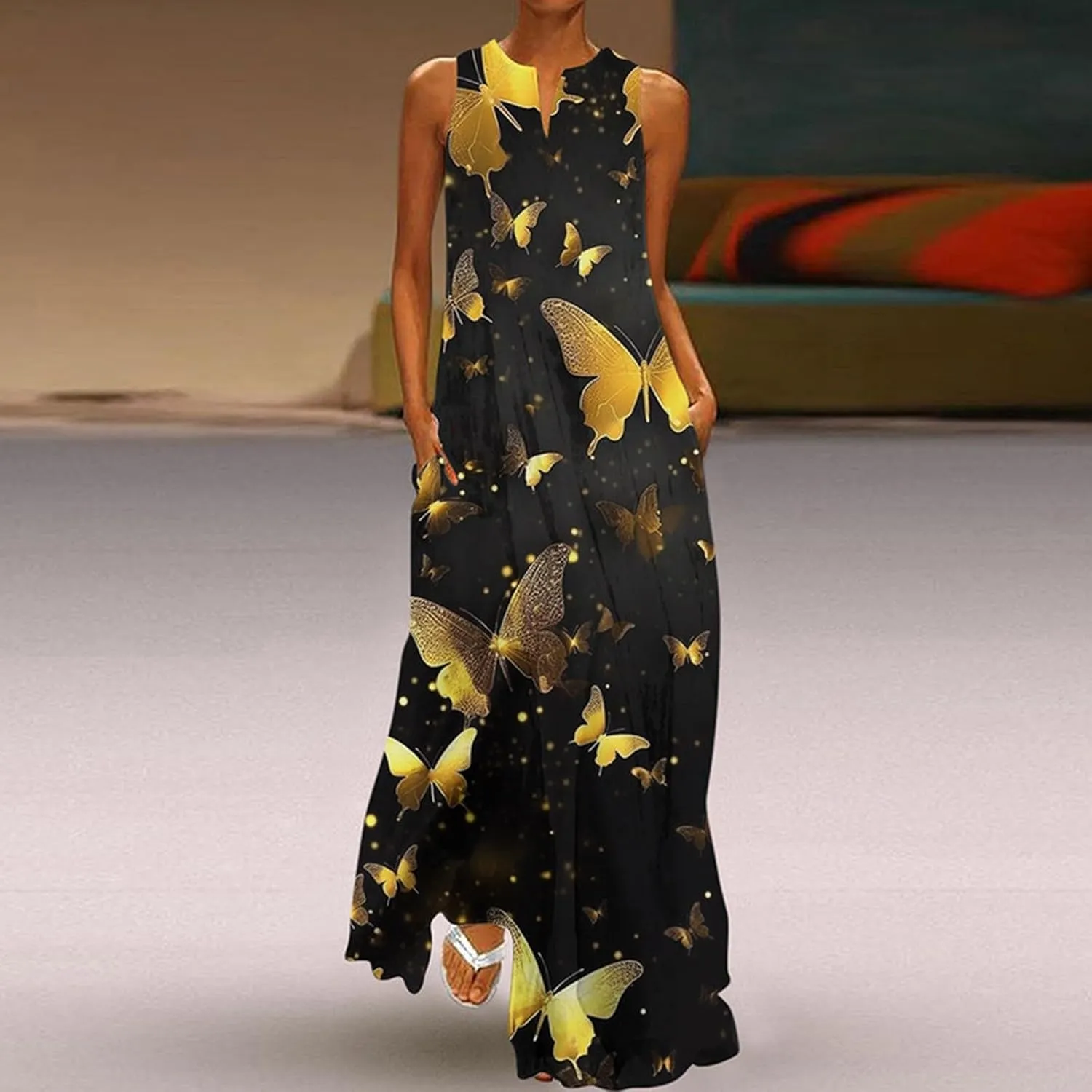 Sundresses for Women 2024 Casual Floral Print Maxi Dress with Pockets V Neck Flowy Swing Plus Size Summer Dresses