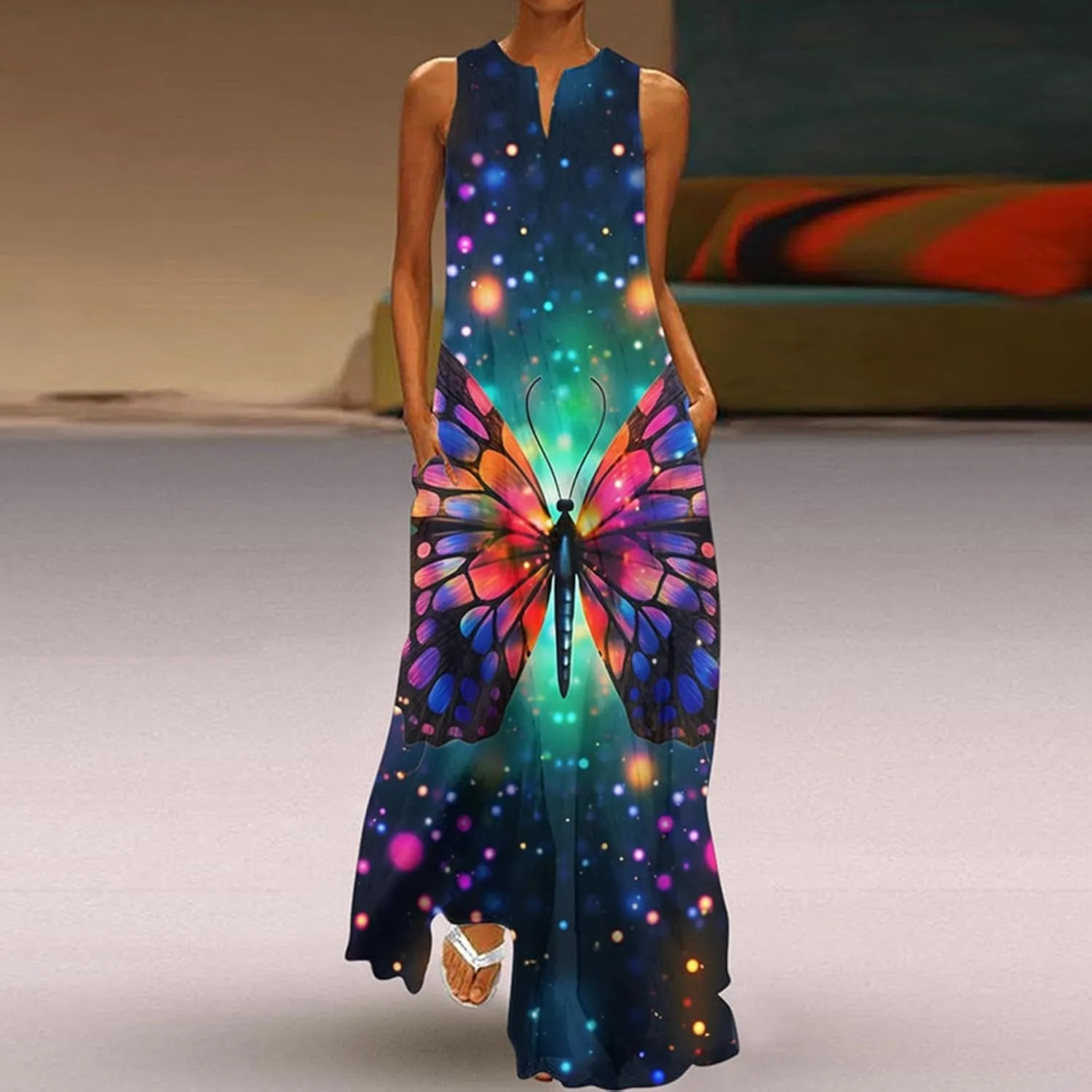 Sundresses for Women 2024 Casual Floral Print Maxi Dress with Pockets V Neck Flowy Swing Plus Size Summer Dresses