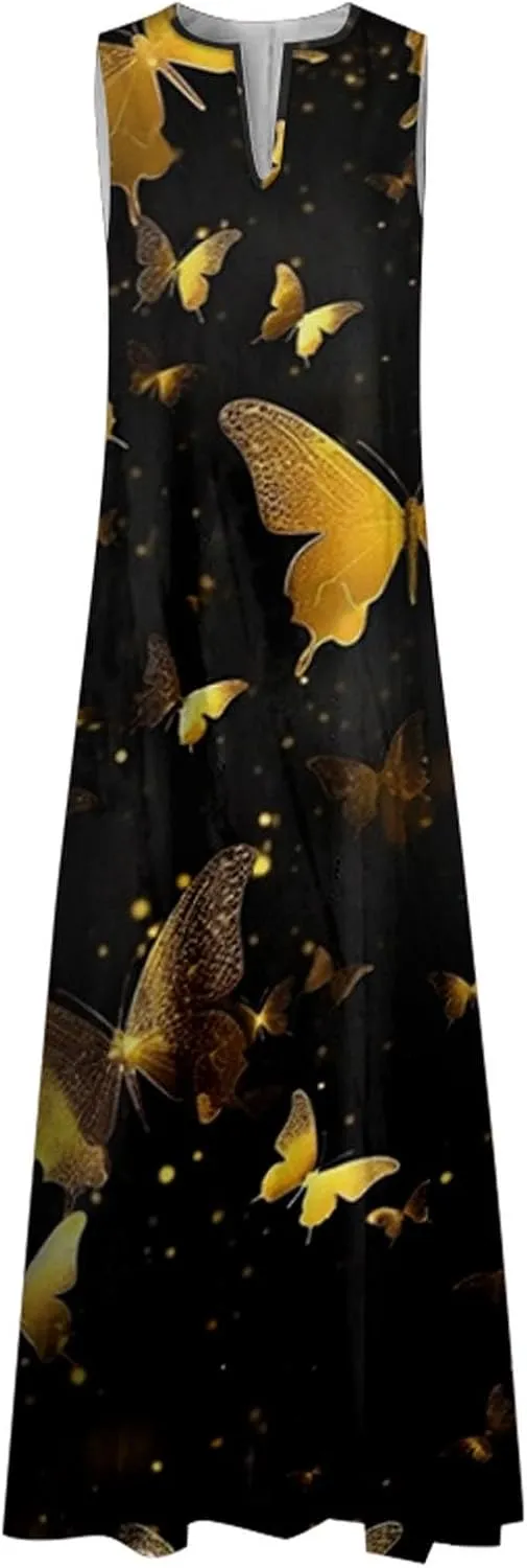 Sundresses for Women 2024 Casual Floral Print Maxi Dress with Pockets V Neck Flowy Swing Plus Size Summer Dresses
