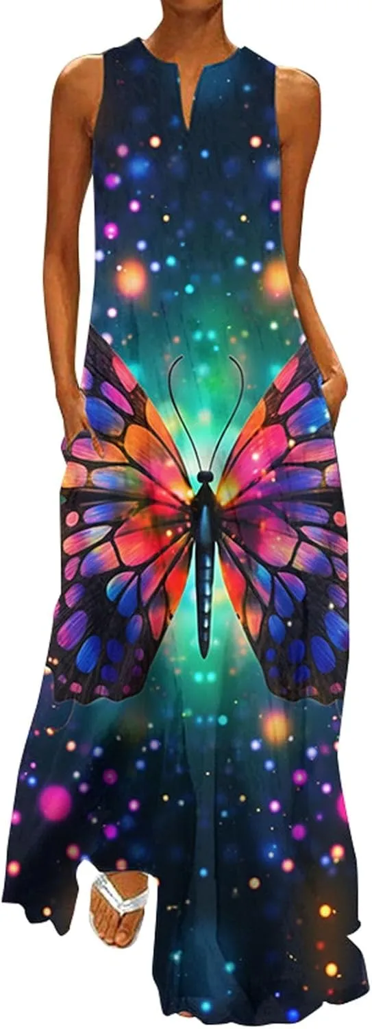 Sundresses for Women 2024 Casual Floral Print Maxi Dress with Pockets V Neck Flowy Swing Plus Size Summer Dresses