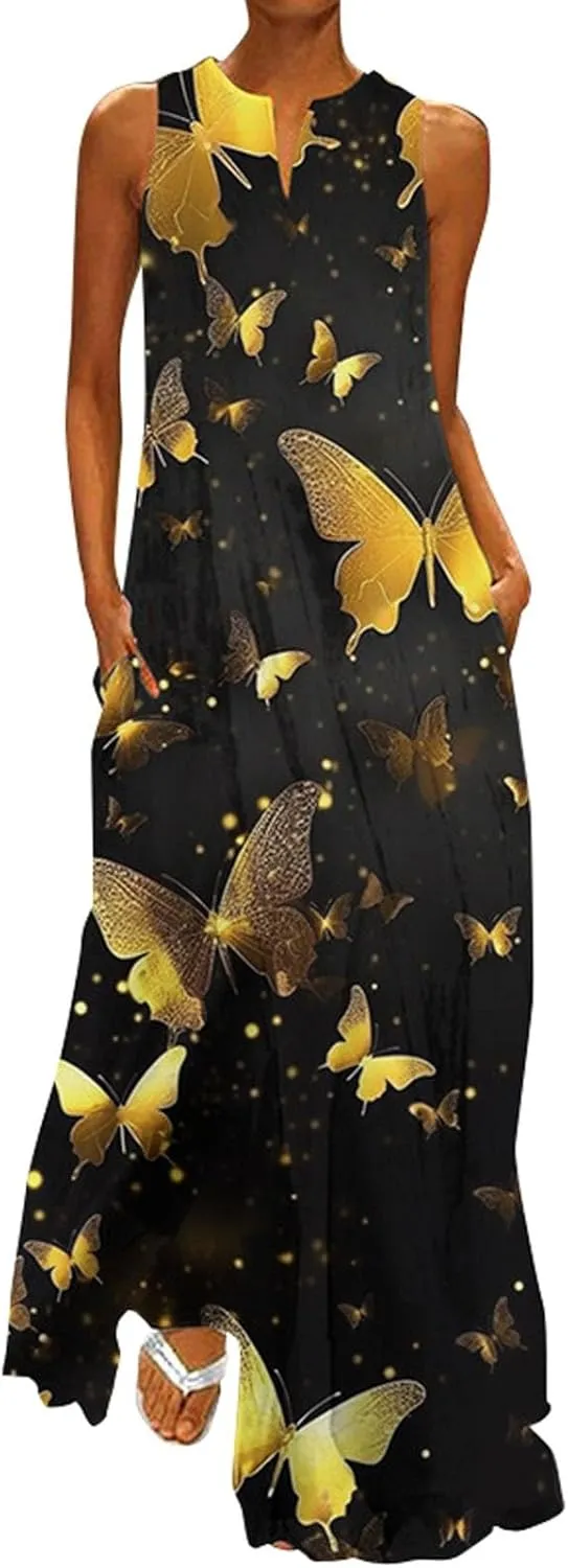 Sundresses for Women 2024 Casual Floral Print Maxi Dress with Pockets V Neck Flowy Swing Plus Size Summer Dresses