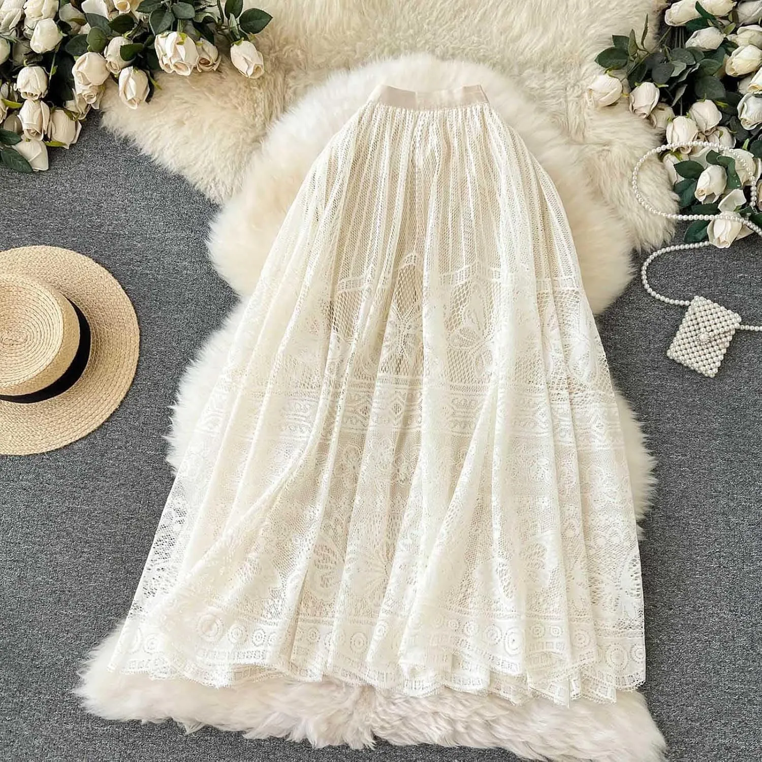Sweet Lace Crochet Butterfly Skirts Women's Bohemian Style Elastic Waist Solid Color Tiered Maxi Skirt Chic Dress