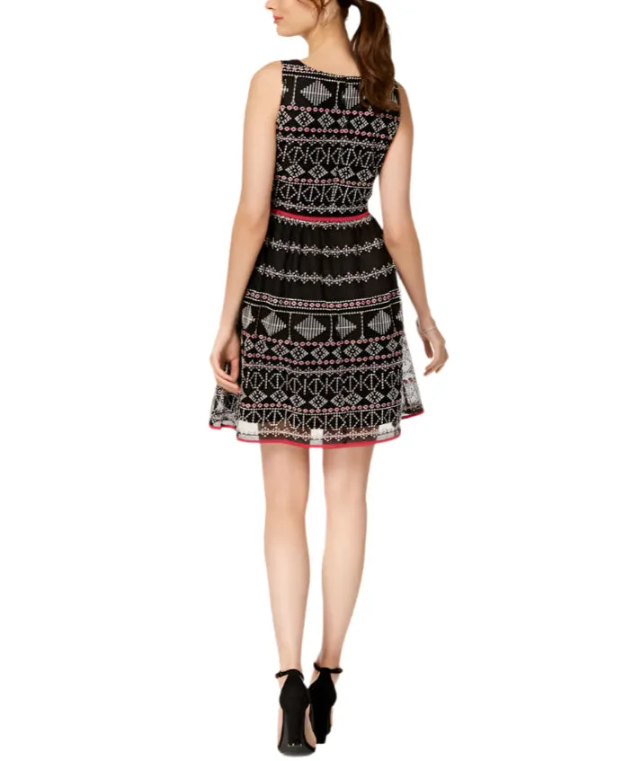 Taylor Boat Neck Sleeveless A-Line Piping Detail Zipper Back Multi Print Mesh Dress