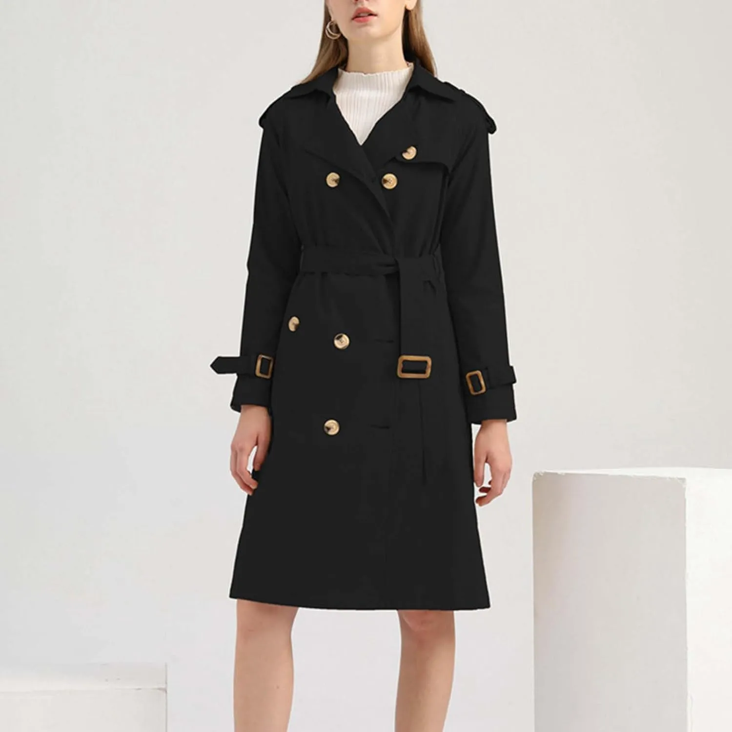 Trench Coat for Women Classic Notch Lapel Double Breasted Pea Coats Casual Long Sleeve Winter Jacket with Belt