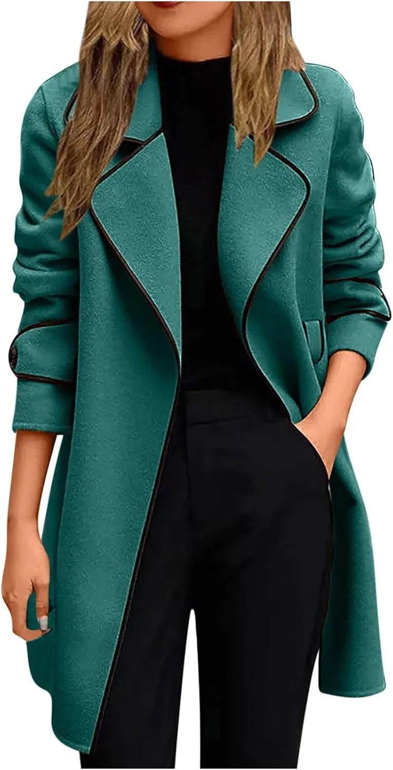 Trench Coat Women Long Double Breasted Pea Coats Casual Notch Lapel Collared Open Front Wool Coats Outwear