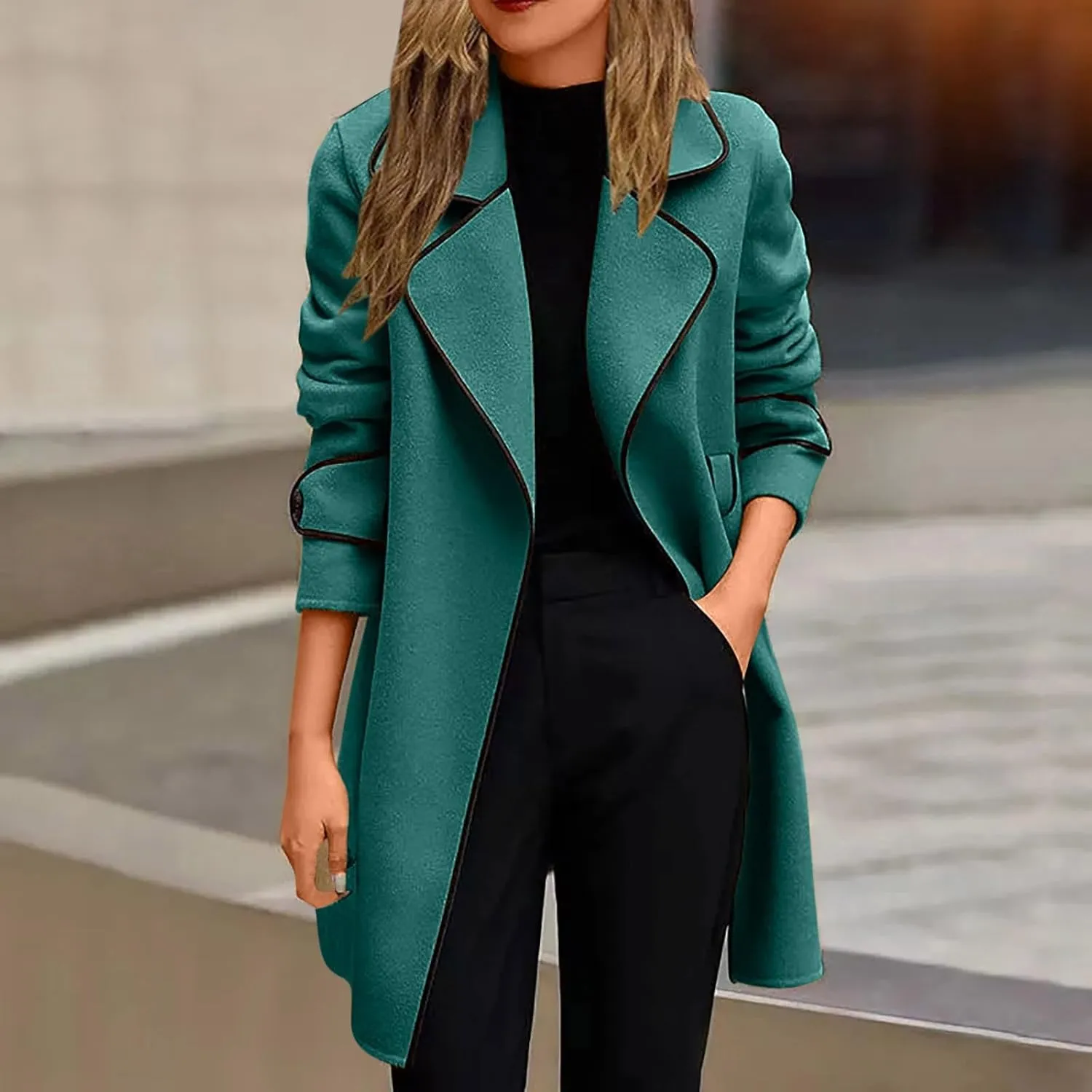 Trench Coat Women Long Double Breasted Pea Coats Casual Notch Lapel Collared Open Front Wool Coats Outwear