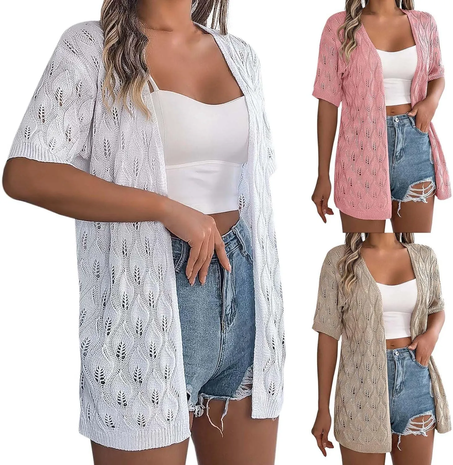 TUQIDEWU Womens Cardigan Sweaters, Lightweight Summer Crochet Cardigan Short Sleeve Kimono Boho Open Front Knitted Cardigan
