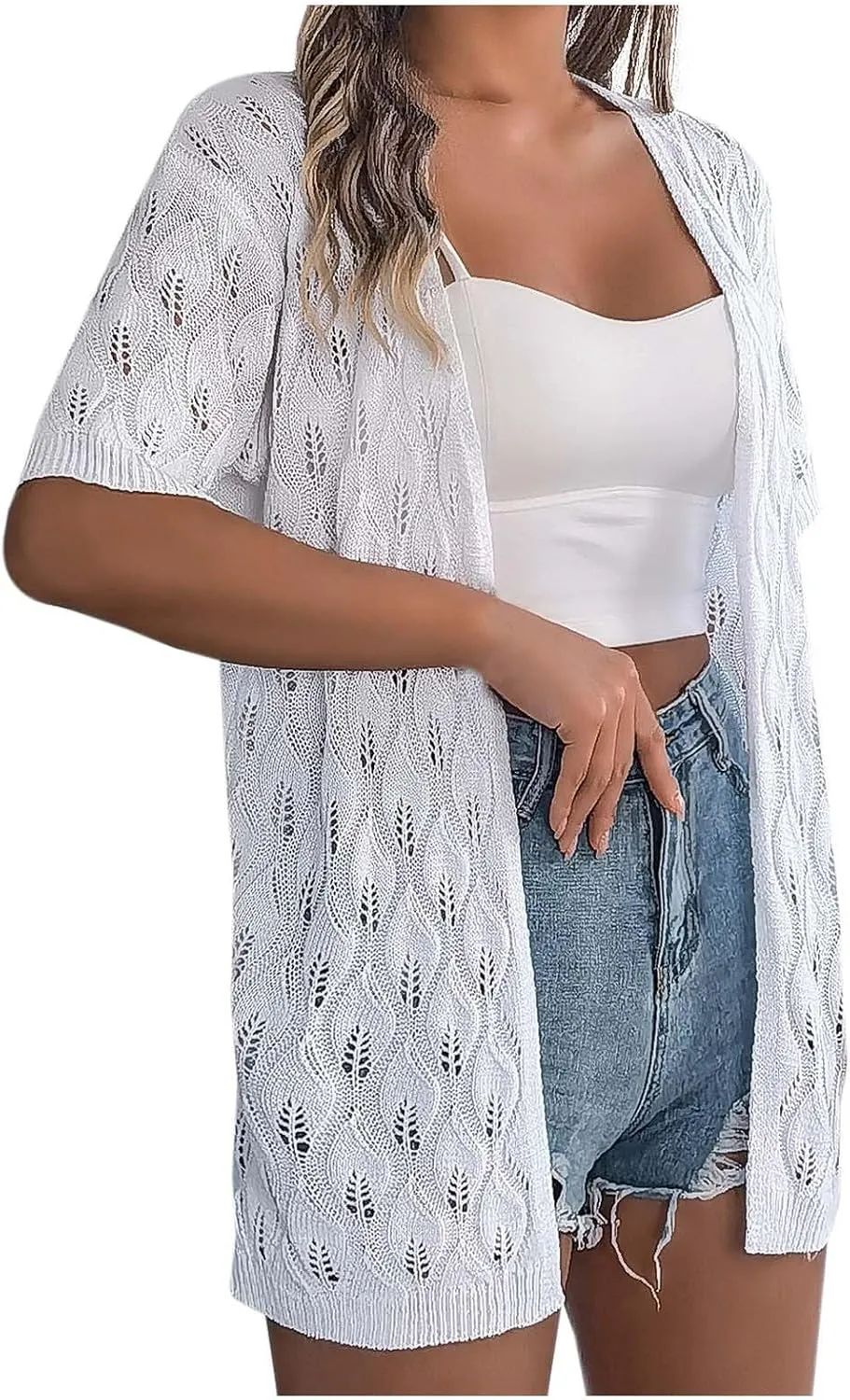 TUQIDEWU Womens Cardigan Sweaters, Lightweight Summer Crochet Cardigan Short Sleeve Kimono Boho Open Front Knitted Cardigan