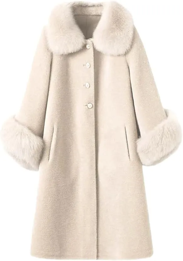 Winter Artificial Fur Coat, Light And Thickened Wool Blend Long Coat, Women's Fur Collar Coat
