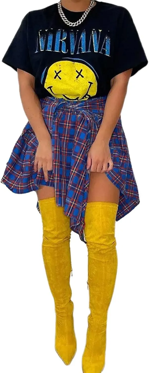 Women Irregular Hem Plaid Skirt High Waist Summer Knot Front Mini Skater Skirt Casual Pleated A Line Short Skirt