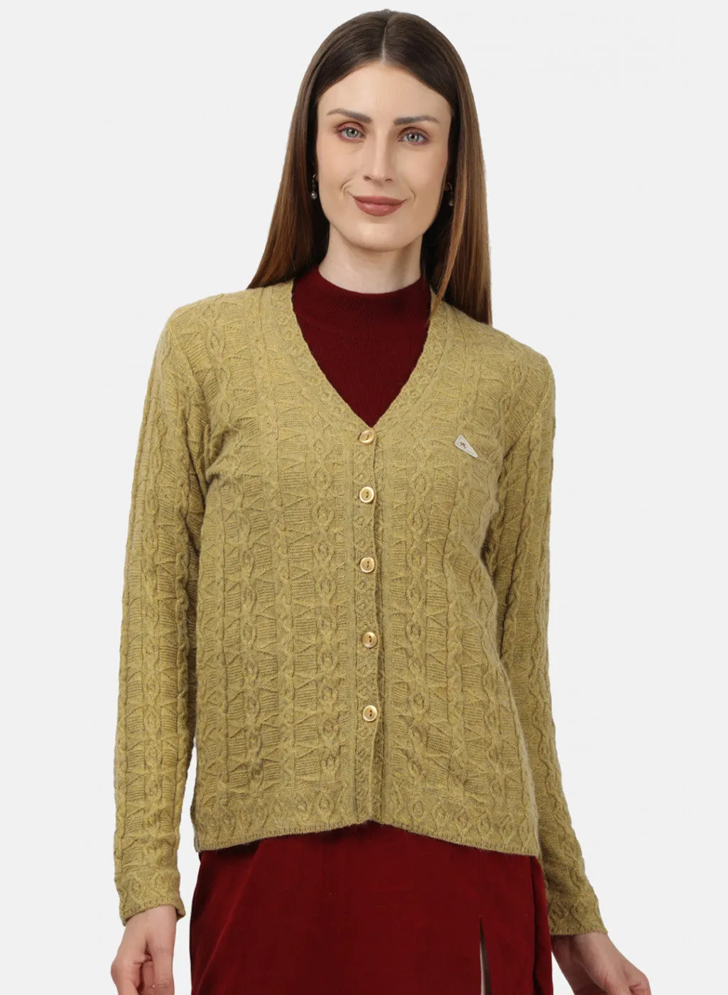 Women Light Yellow Self Design Cardigan