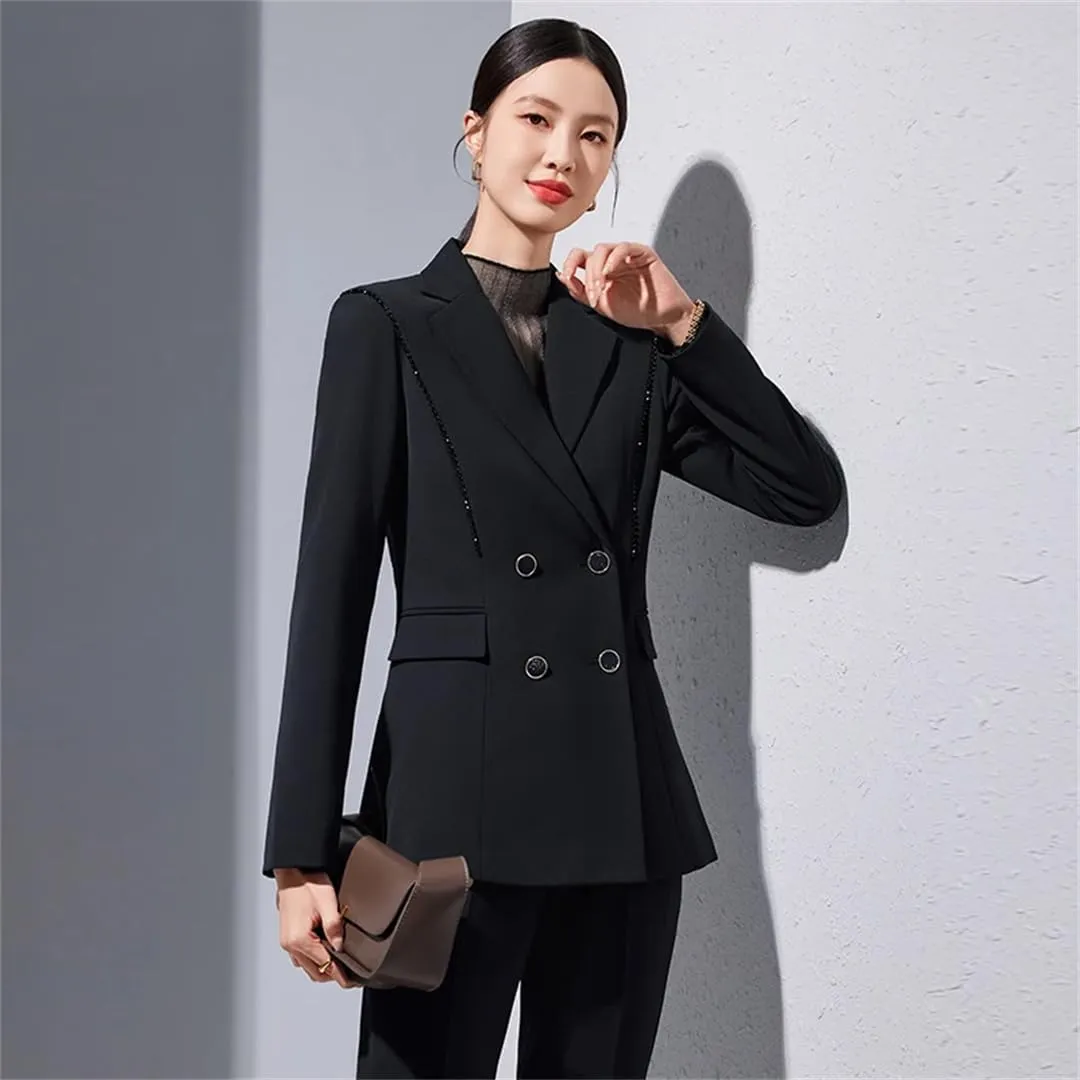 Women Office Turn Down Collar Slim Jacket Chic Double Breasted Coats Long Sleeve Blazer