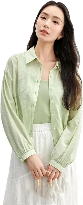 Women Solid Loose Fit Shirt Casual Turn Down Collar Long Sleeve Buttons Chic Short Style Top