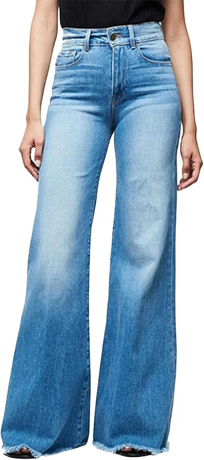 Womens 2024 Latest High Waisted Wide Leg Baggy Flare Jeans Flare Stretch Boyfriend Bootcut Casual Denim Pants