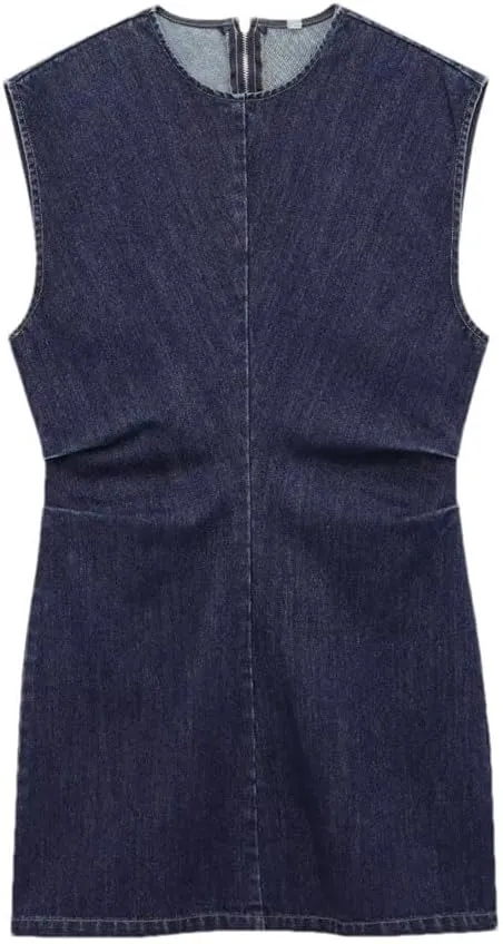Women's Denim Dress Round Neck Sleeveless A-Line Loose Hem Back Zipper Mini Skirt Casual Chic Short Skirt
