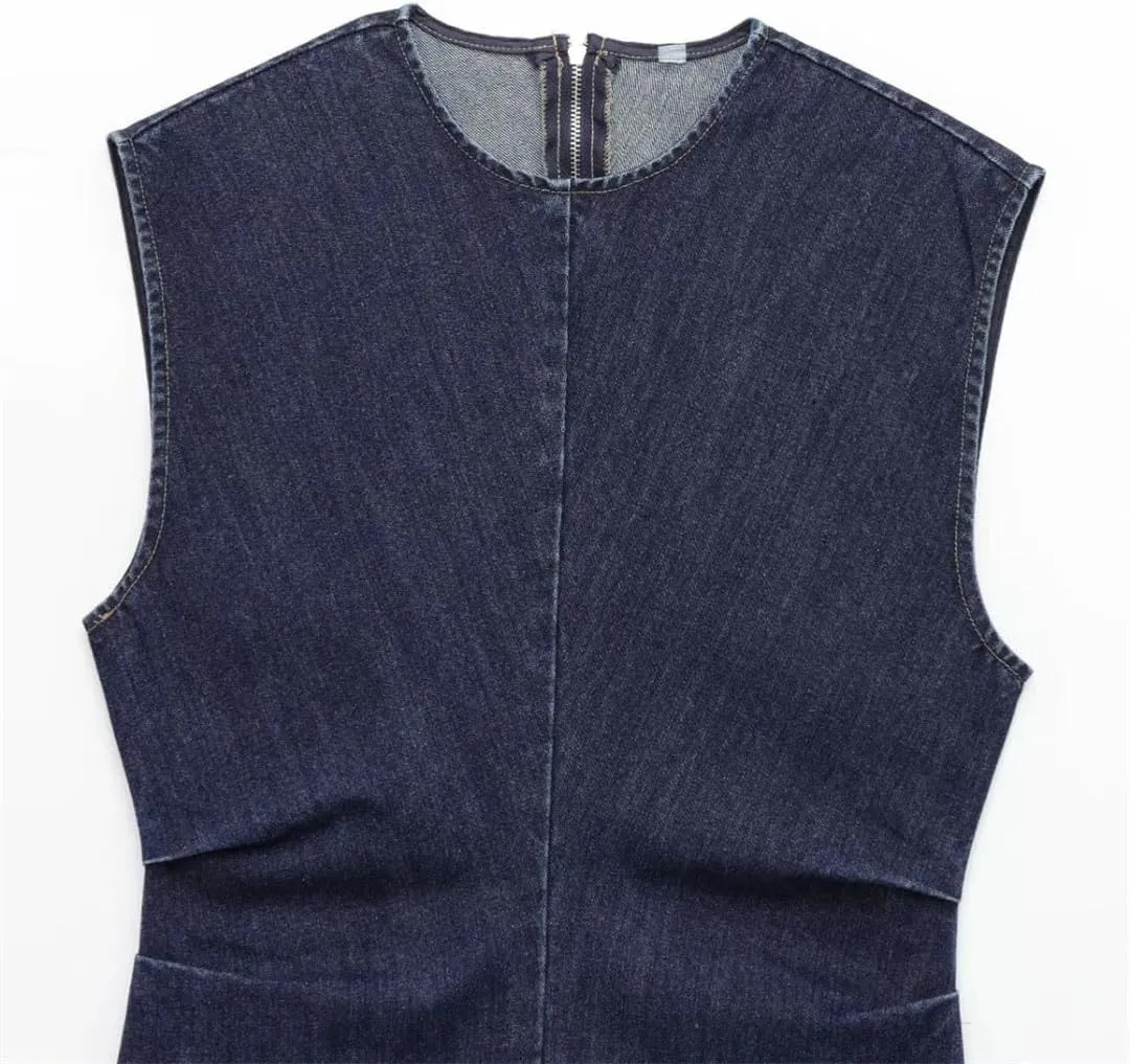 Women's Denim Dress Round Neck Sleeveless A-Line Loose Hem Back Zipper Mini Skirt Casual Chic Short Skirt