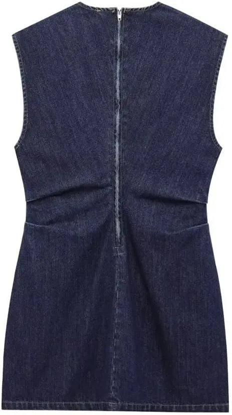 Women's Denim Dress Round Neck Sleeveless A-Line Loose Hem Back Zipper Mini Skirt Casual Chic Short Skirt
