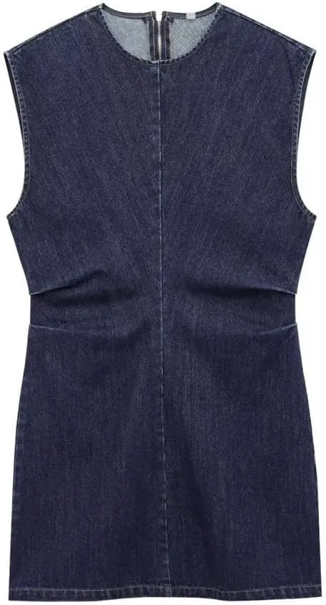 Women's Denim Dress Round Neck Sleeveless A-Line Loose Hem Back Zipper Mini Skirt Casual Chic Short Skirt