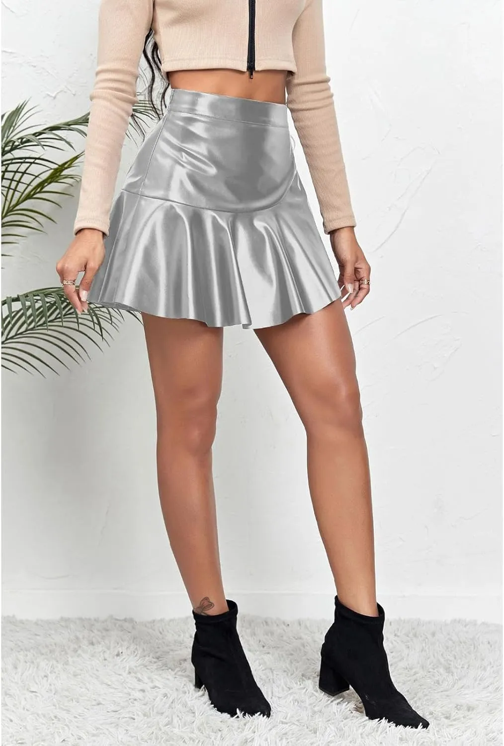 Womens Faux Leather Mini Skirt Classic high Waisted Skirt Pleated Skirt PU Leather Skirt