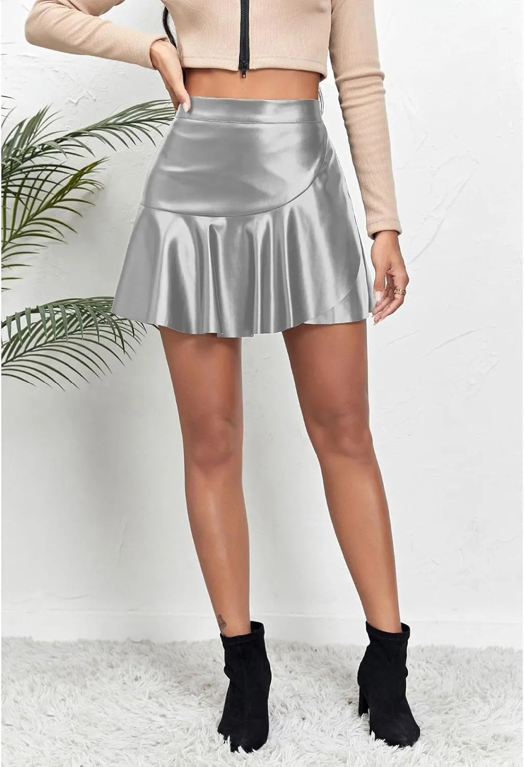 Womens Faux Leather Mini Skirt Classic high Waisted Skirt Pleated Skirt PU Leather Skirt