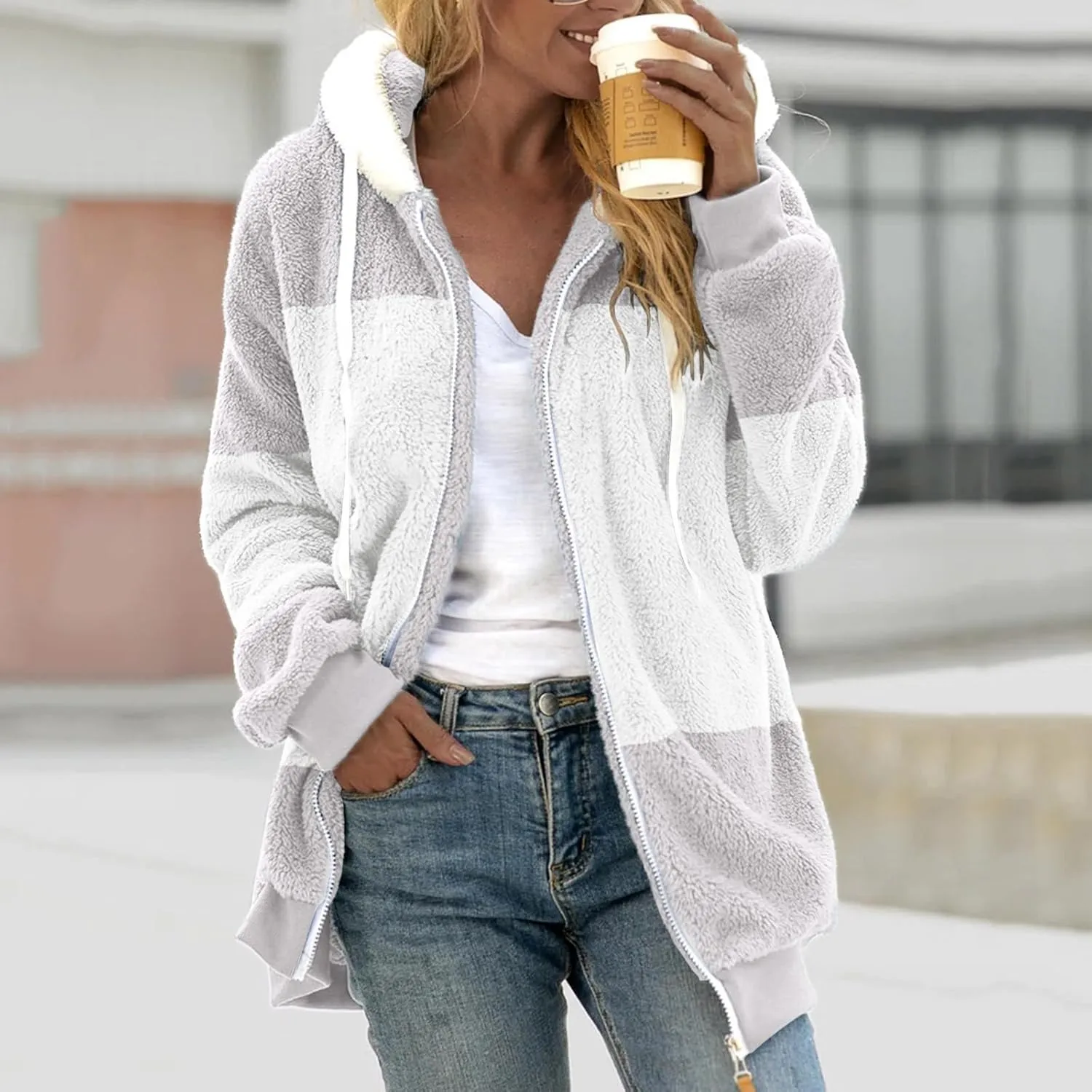 Womens Flannel Fleece Jacket Winter Warm Sherpa Lined Coats with Hood Casual Color Block Zip Jackets