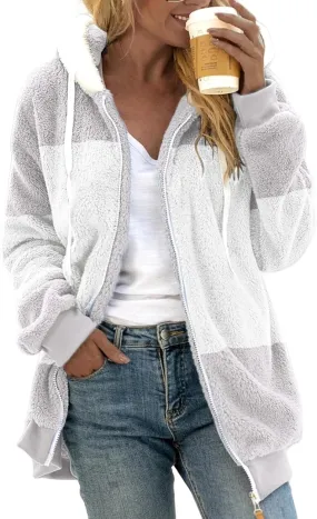 Womens Flannel Fleece Jacket Winter Warm Sherpa Lined Coats with Hood Casual Color Block Zip Jackets