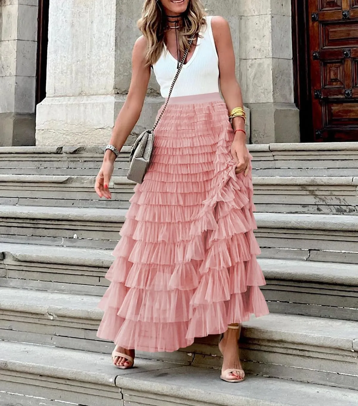Women's Layered Tule Skirt Tiered Tulle Dress A-Line Ruffle Mesh High Waist Tiered Skirt Princess Party Maxi Skirt