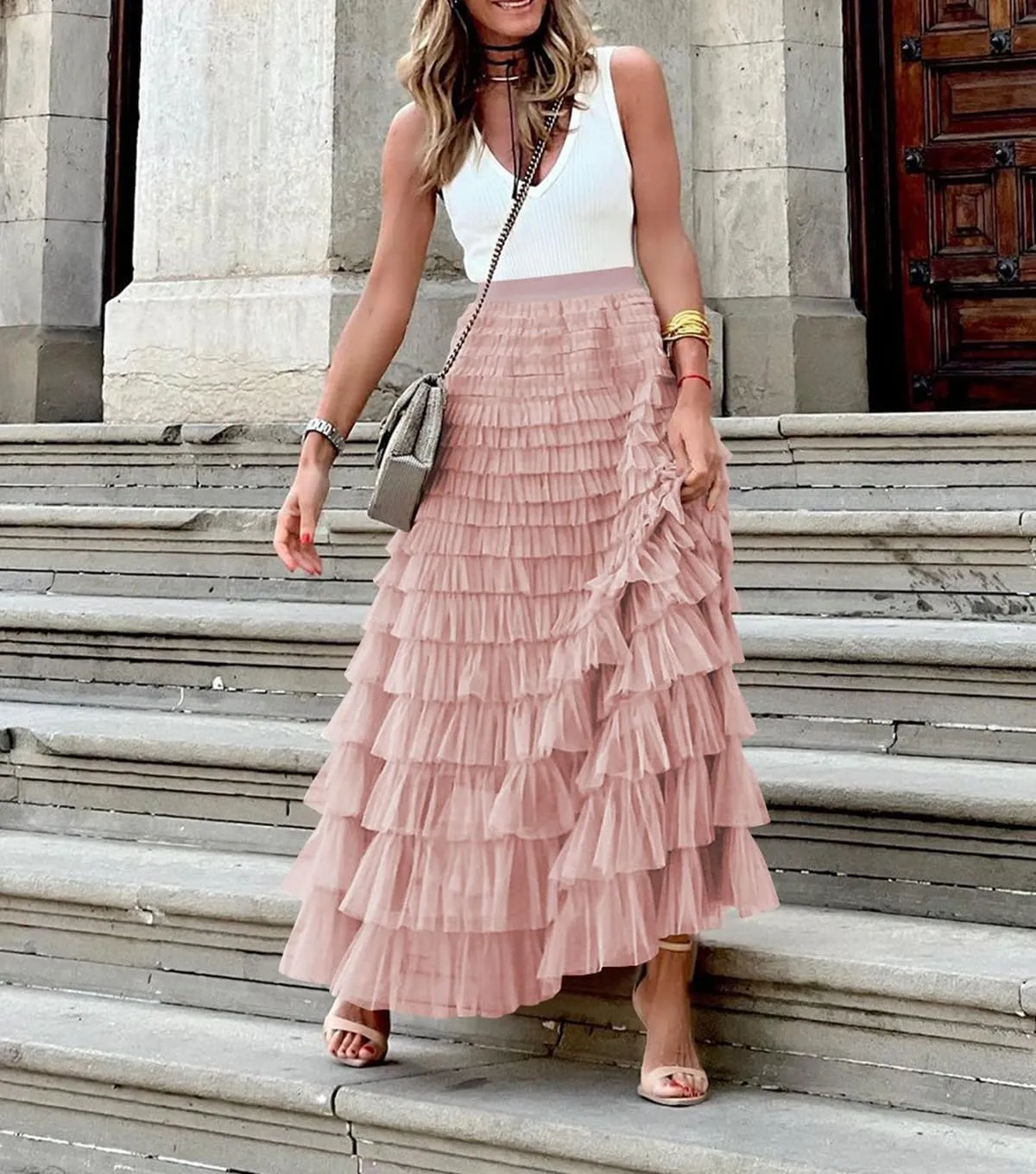 Women's Layered Tule Skirt Tiered Tulle Dress A-Line Ruffle Mesh High Waist Tiered Skirt Princess Party Maxi Skirt