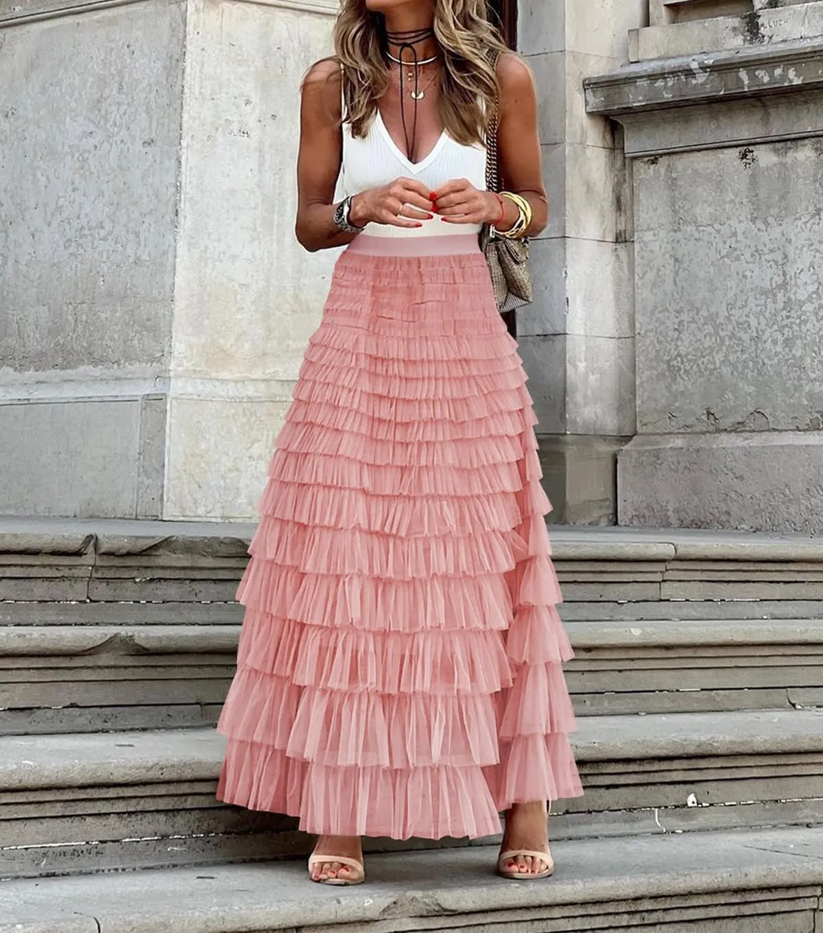 Women's Layered Tule Skirt Tiered Tulle Dress A-Line Ruffle Mesh High Waist Tiered Skirt Princess Party Maxi Skirt